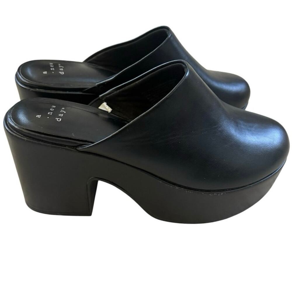 A New Day Women's 7 Faux Leather Black Slip On Heeled Mule Clog Comfort Shoes